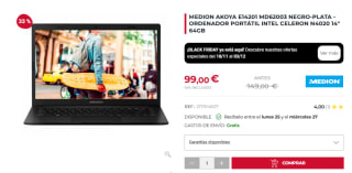 Portátil Medion Akoya E14201 MD62003 Intel Celeron N4020 14" 64GB por 99€