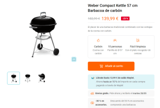 Barbacoa de carbón Weber Compact Kettle por 139,99€ + saldo Waylet