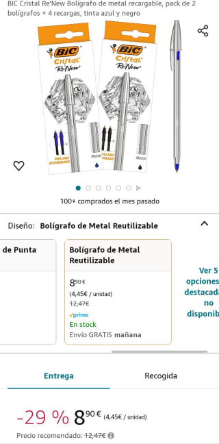 Bolígrafo de metal recargable, pack de 2 bolígrafos + 4 recargas, tinta azul y negro Bici por 8,90€