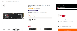 SSD Samsung 980 Pro 1TB PCIe NVMe M.2 por 69.98€