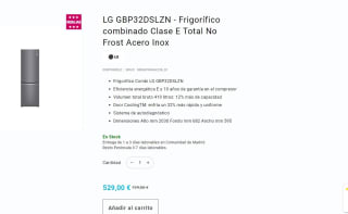 Frigorífico combinado Clase E Total No Frost Acero Inox marca LG GBP32DSLZN por 529€