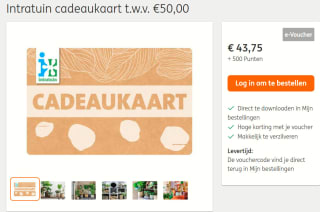 Intratuin cadeaukaart t.w.v. €50,00 voor €43,75 + 500 ING punten