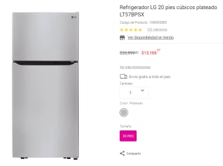Refrigerador LG 20 Pies a $13,166 en Liverpool