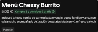 Promoción 2x1 Menú Chessy Burrito o Wrap Slider por 5€ (se puede ambos por 10€) de Taco Bell