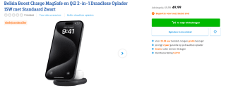 Belkin Boost Charge MagSafe en Qi2 2-in-1 Draadloze Oplader 15W met Standaard Zwart voor €49,99 bij coolblue