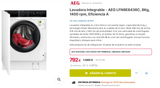 Lavadora Integrable - AEG LFN8E8436C, 8Kg, 1400 rpm, Eficiencia A por 752€
