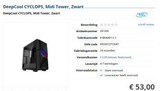 DeepCool CYCLOPS, Midi Tower, Zwart voor €53 bij Informatique