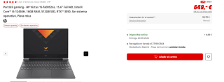 Portátil gaming HP Victus 15-fa0052ns Intel Core i5-12450H, 16GB RAM, 512GB SSD, RTX™ 3050 por 599€