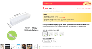 Luz LED nocturna inalámbrica con Sensor de movimiento por 1,54€