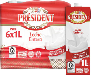 PRESIDENT Leche UHT Semidesnatada, Entera o Desnatada pack 6 L por 5,64€