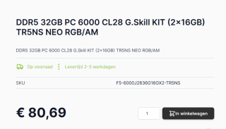 G.Skill Trident Z5 Royal Neo F5-6000J2836G16GX2-TR5NS voor €81,19 bij Caps
