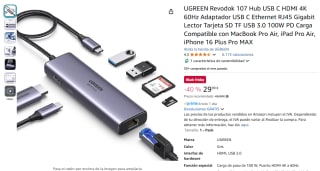 Hub USB-C UGREEN Revodok 107 - HDMI 4K 60Hz, Ethernet Gigabit, Lector de Tarjetas, USB 3.0, PD 100W por 29,99€