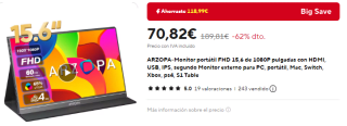 ARZOPA-Monitor portátil FHD 15,6 de 1080P pulgadas con HDMI por 70,82€