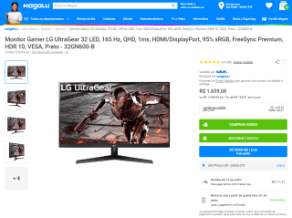 Monitor Gamer da LG, modelo UltraGear de 32 polegadas - R$ 1.659,08