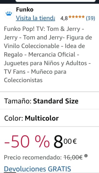 Funko Pop TV Tom & Jerry 1658 Jerry por 8€.