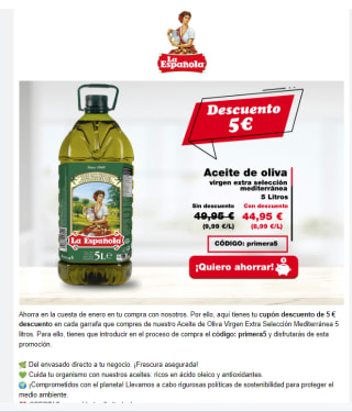 Descuento de -5€ para cada garrafa de 5l aceite de oliva Virgen la española