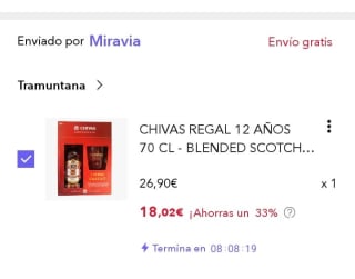 Whisky Chivas Regal 700ml + vaso por 18,02€.