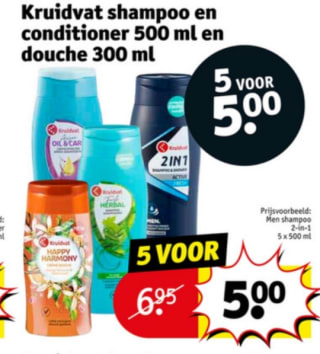 5 Stuks voor 5 euro bij Kruidvat op Kruidvat shampoo en conditioner 500 ml en douche 300 ml