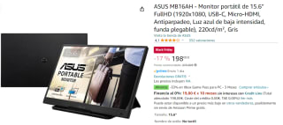 Monitor portátil de 15.6" FullHD ASUS MB16AH (1920x1080, USB-C, Micro-HDMI, Antiparpadeo, Luz azul de baja intensidad, funda plegable) por 198€