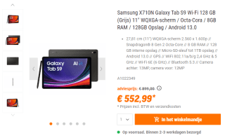 Samsung Galaxy Tab S9 WiFi 128 GB voor €552,99 bij NBB