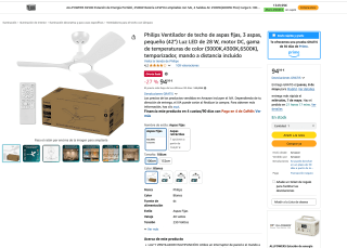 Philips Ventilador de techo de aspas fijas 3 aspas pequeño 42" Luz LED de 28W motor DC 3 temperatura color temporizador mando distancia por solo 94,99€