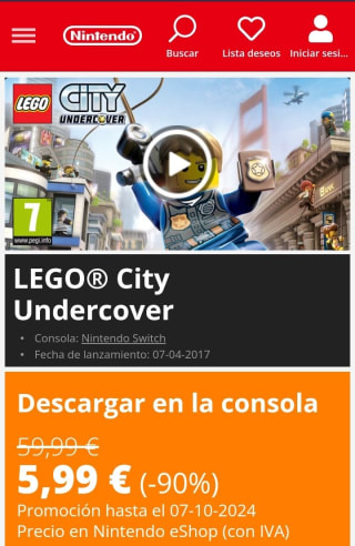 Lego City Undercover Nintendo Switch por 5,99€.