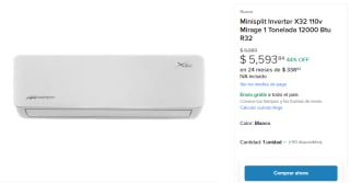 Minisplit Inverter X32 110v Mirage 1Ton 12000 Btu R32 por $5,594 | Aires Aurum