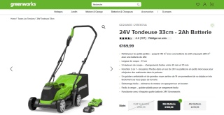 GREENWORKS 24V Tondeuse 33cm - 2Ah Batterie à 169,99€