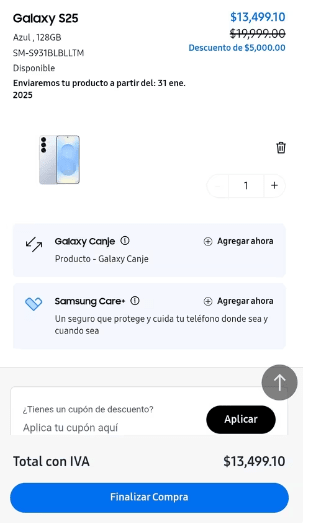 Samsung Galaxy S25 128GB por $13,499 (Estudiantes)