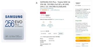 SD Samsung EVO Plus 256GB por $393 en Amazon