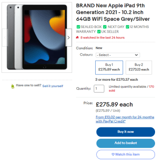 Win Apple iPad 9th Generation 2021 from eBay as low as £271.99
