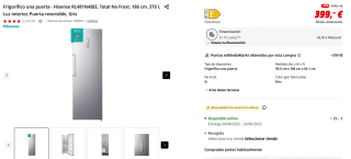 Frigorífico una puerta Hisense RL481N4BIE, Total No Frost, 186 cm, 370 l por 399€