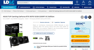 Carte graphique ASUS TUF Gaming GeForce RTX 5070 12GB GDDR7 OC Edition à 869,95€