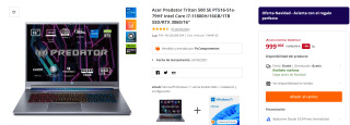 Portátil Gaming Acer Predator Triton 500 SE PT516-51s-79HF Intel Core i7-11800H/16GB/1TB SSD por 999€