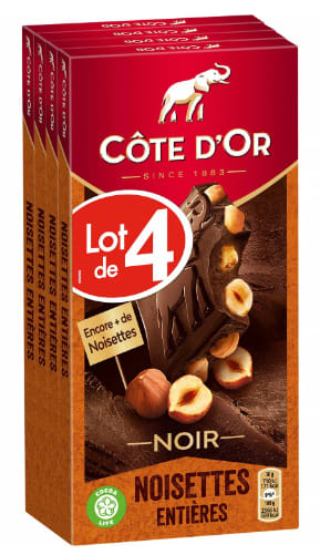 Lot de 4 tablettes de chocolat noir noisettes entières COTE D'OR à 10,25€