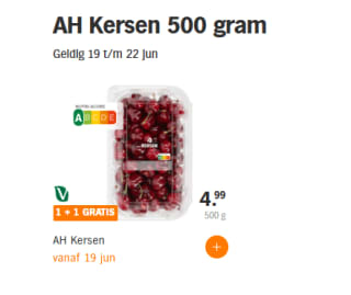 Kersen 500 gram 1 + 1 gratis bij de AH