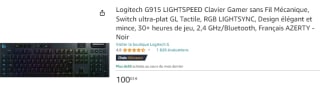 Clavier gaming sans fil mécanique Logitech G915 à 100,03€