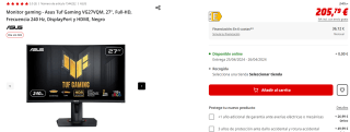 Monitor gaming Asus ‎Tuf Gaming VG27VQM, 27", Full-HD, Frecuencia 240 Hz por 205,79€ (newsletter por 195,79€)