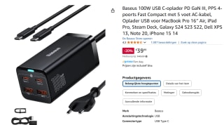 Baseus USB-C-oplader, 100 W, 4 poorten (2C+2U) met 1,5 m kabel voor €39,99 bij Amazon