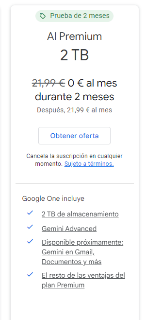 Gratis 2 meses de One Google Plan Al Premium