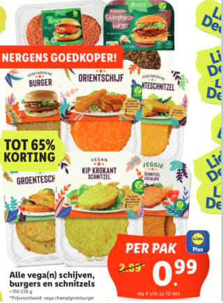 Alle vega(n) schijven, burgers en schnitzels voor €0,99 bij de Lidl