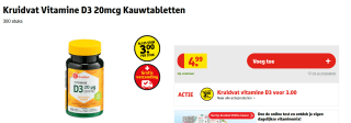 Kruidvat Vitamine D3 20mcg Kauwtabletten voor €3