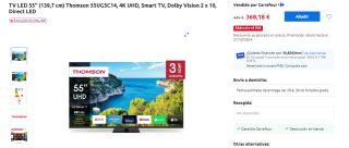 TV LED 55'' Thomson 55UG5C14, 4K UHD, Smart TV, Dolby Vision 2 x 10 por 368,18€