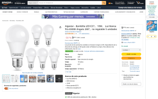 Pack 5 bombillas LED E27 10W luz blanca fría 6500K por 9,28€