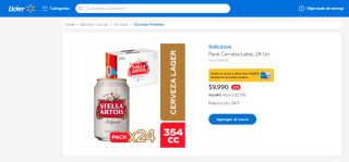 Pack de 24 latas de cerveza Stella Artois por $9.990