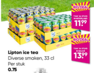 Tray van 24 blikjes à 33cl Lipton ice tea voor €11,99 bij Big Bazar