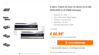 G.Skill Trident Z5 32GB(2x16GB) 6000MHz CL40 voor €80,99 bij Nbb