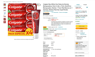 4 Pack Colgate Max White One pasta de dientes Blanqueadora 75ml por 6,96€