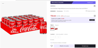 Pack ,Coca-Cola Sabor Original 24*330 ml por 16,06€(9,63€ usuario nuevo)