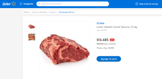 Lomo vetado de carne de vacuno de 1,5 Kg por $13.485